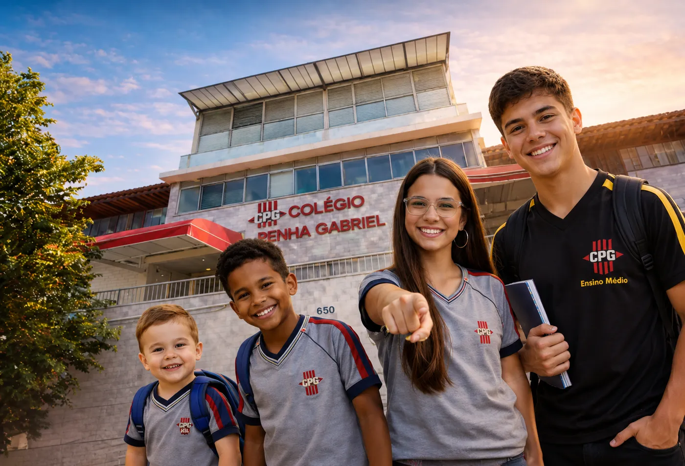 Alunos do Colégio Penha Gabriel em frente à fachada da escola